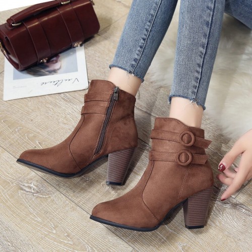 Women’s High Heel Zipper Closure Ankle Boots - Brown |image
