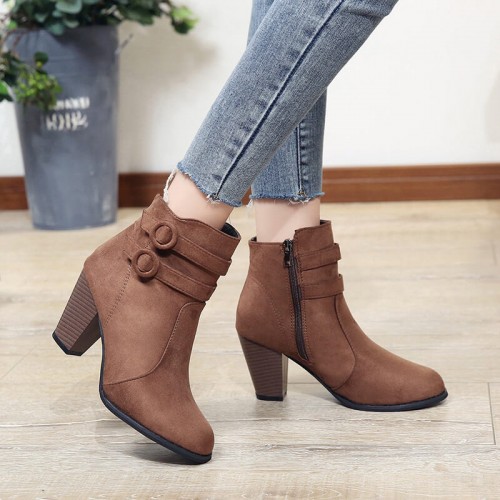 Women’s High Heel Zipper Closure Ankle Boots - Brown |image