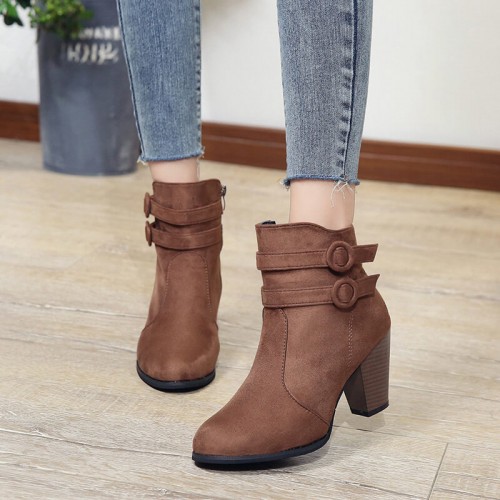 Women’s High Heel Zipper Closure Ankle Boots - Brown |image