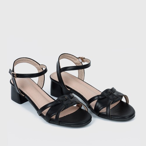 Buckle Closure Open Toe Low Heeled Sandals for Women - Black |image