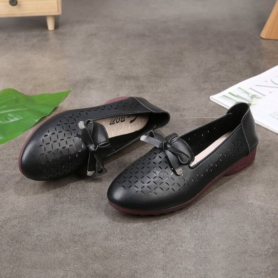 Bow Tie Knot Soft Bottom Breathable Flat Shoes - Black |image