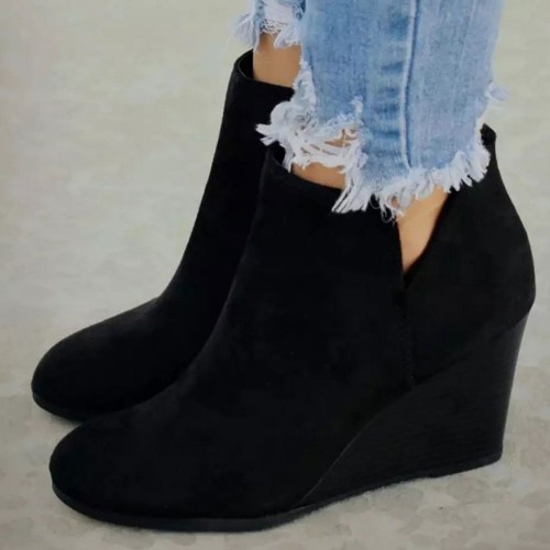 Women’s Stylish Side Zipper Chunky Wedge Ankle Boots - Black |image