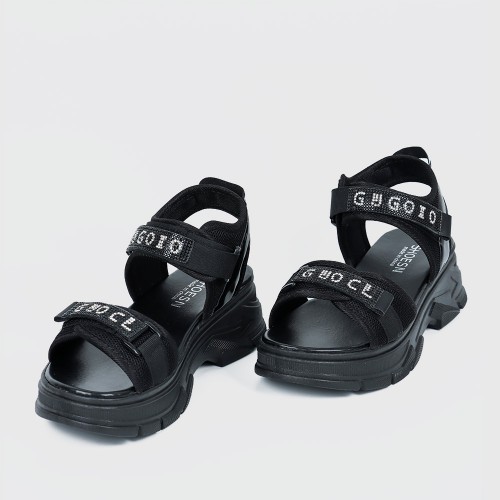 Dual Strapped Casual Platform Velcro Sports Sandals- Black |image