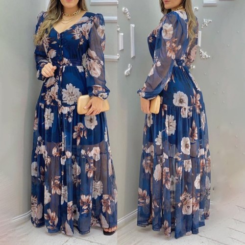 Floral Print Lantern Sleeve V-Neck Chiffon Maxi Dress - Blue |image