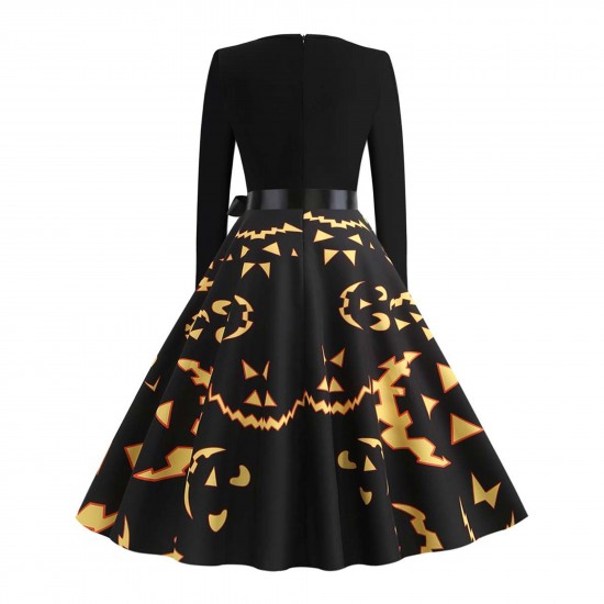 Women's Elegant Long Sleeve Pumpkin Printed Midi Dress - Black |image