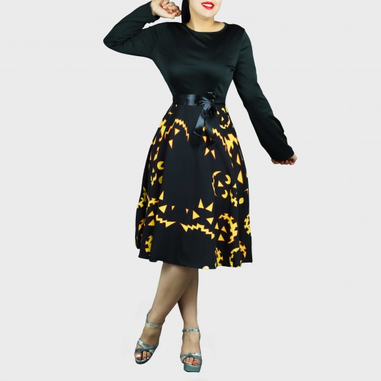Women's Elegant Long Sleeve Pumpkin Printed Midi Dress - Black |image