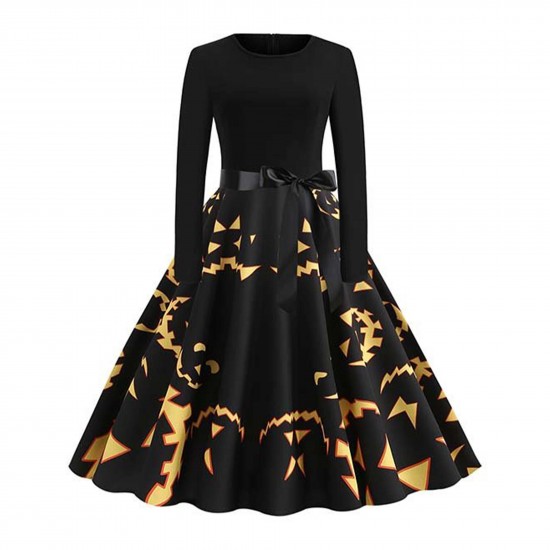 Women's Elegant Long Sleeve Pumpkin Printed Midi Dress - Black |image