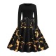 Women's Elegant Long Sleeve Pumpkin Printed Midi Dress - Black |image