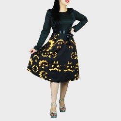 Women's Elegant Long Sleeve Pumpkin Printed Midi Dress - Black 