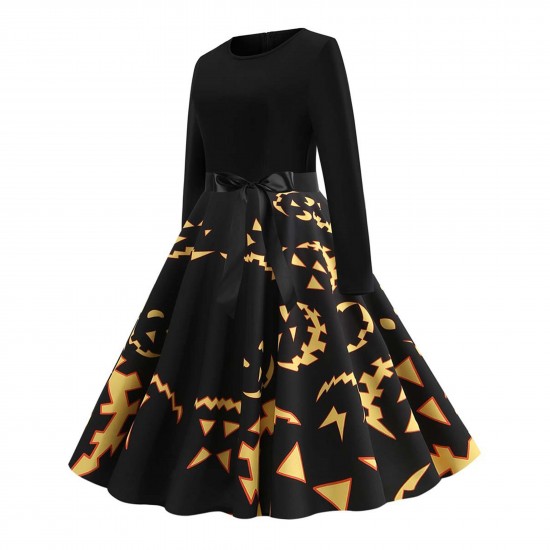 Women's Elegant Long Sleeve Pumpkin Printed Midi Dress - Black |image
