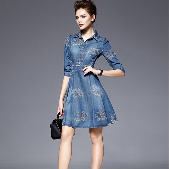Showing image for Front Button Embroidered Denim Midi Dress for Women - Blue Front Button Embroidered Denim Midi Dress for Women - Blue |image
