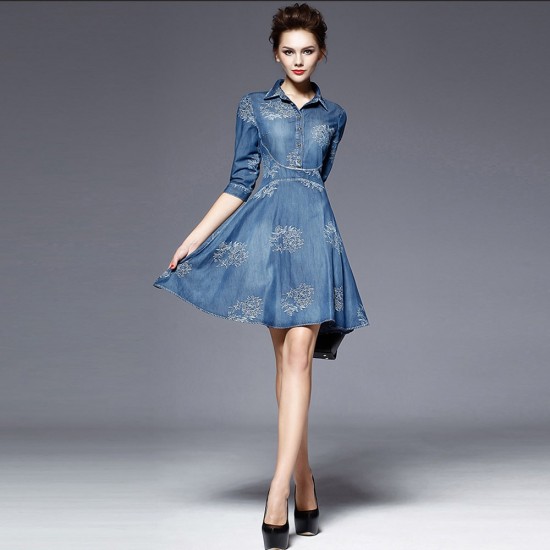 Showing image for Front Button Embroidered Denim Midi Dress for Women - Blue Front Button Embroidered Denim Midi Dress for Women - Blue |image