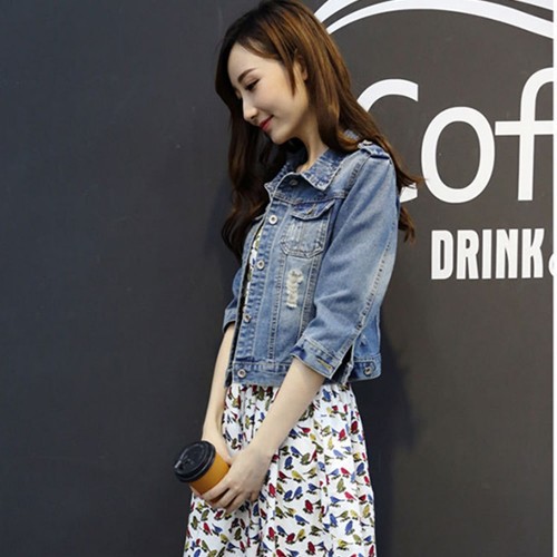Korean Style Elbow Sleeved Ripped Denim Ladies Jacket - Blue |image
