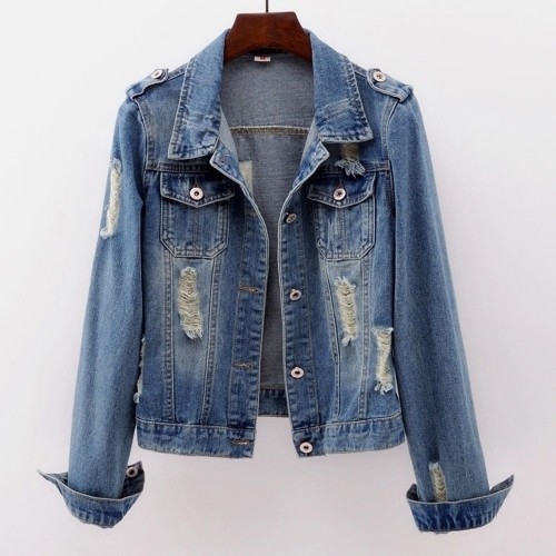 Korean Style Elbow Sleeved Ripped Denim Ladies Jacket - Blue |image