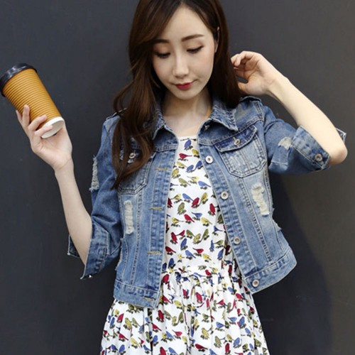 Korean Style Elbow Sleeved Ripped Denim Ladies Jacket - Blue |image