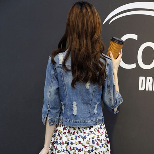 Korean Style Elbow Sleeved Ripped Denim Ladies Jacket - Blue |image