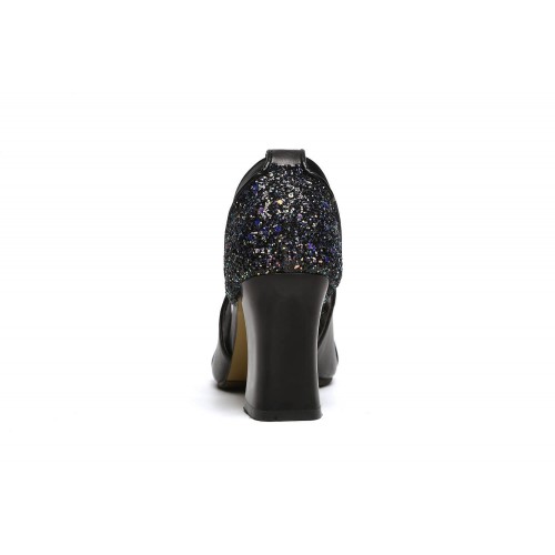 Open Fish Mouth Thick Heeled Sequined Heels for Women - Black |image