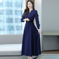 Women’s Stylish Long Sleeved Maxi Dress with Belt - Blue 