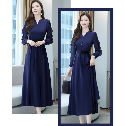 Women’s Stylish Long Sleeved Maxi Dress with Belt - Blue |image