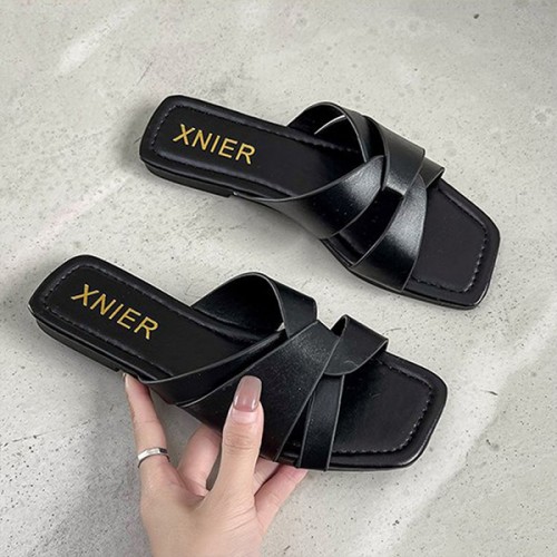 Latest Fashion Square Head Slip On Slippers for Women - Black |image