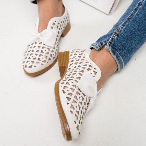 Bow Accent Geometric Cut Out Loafers for Women - White |image