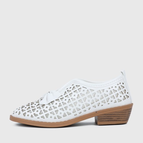 Bow Accent Geometric Cut Out Loafers for Women - White |image
