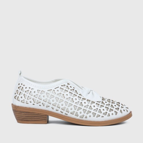 Bow Accent Geometric Cut Out Loafers for Women - White |image