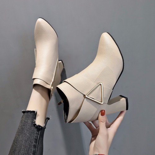 Stylish Belt Buckle High Heeled Boots for Women - Cream |image
