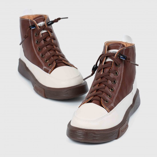 Women’s Lace Up Sport Style Two Tone High Top Sneakers - Brown Women’s Lace Up Sport Style Two Tone High Top Sneakers - Brown |image
