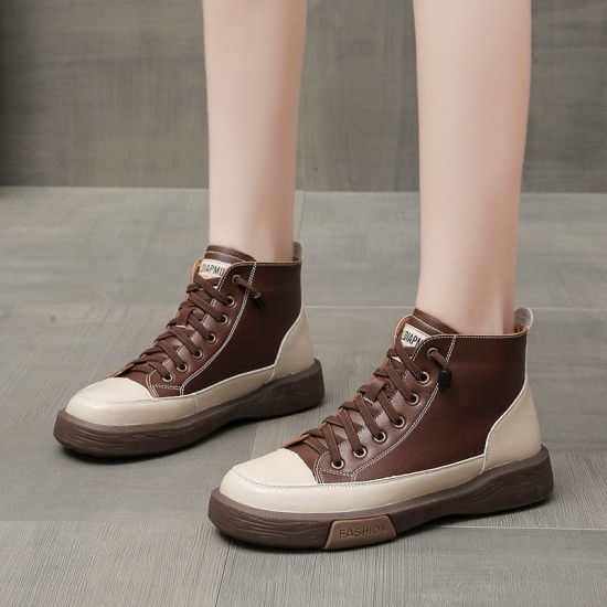 Women’s Lace Up Sport Style Two Tone High Top Sneakers - Brown Women’s Lace Up Sport Style Two Tone High Top Sneakers - Brown |image