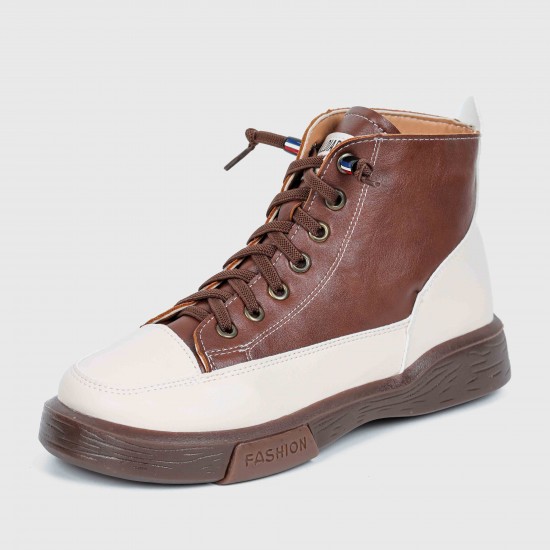 Women’s Lace Up Sport Style Two Tone High Top Sneakers - Brown Women’s Lace Up Sport Style Two Tone High Top Sneakers - Brown |image