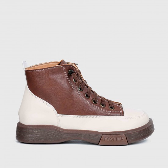 Women’s Lace Up Sport Style Two Tone High Top Sneakers - Brown Women’s Lace Up Sport Style Two Tone High Top Sneakers - Brown |image