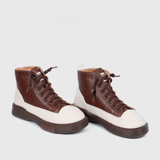 Women’s Lace Up Sport Style Two Tone High Top Sneakers - Brown Women’s Lace Up Sport Style Two Tone High Top Sneakers - Brown |image