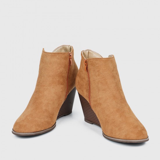 Women’s Stylish Side Zipper Chunky Wedge Ankle Boots - Brown |image
