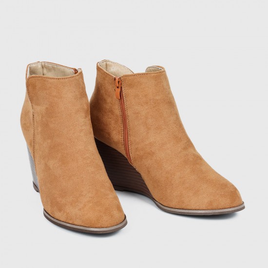 Women’s Stylish Side Zipper Chunky Wedge Ankle Boots - Brown |image