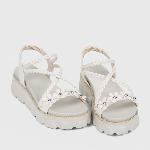 Elastic Closing Flower Designed Sandals for Women - Beige |image