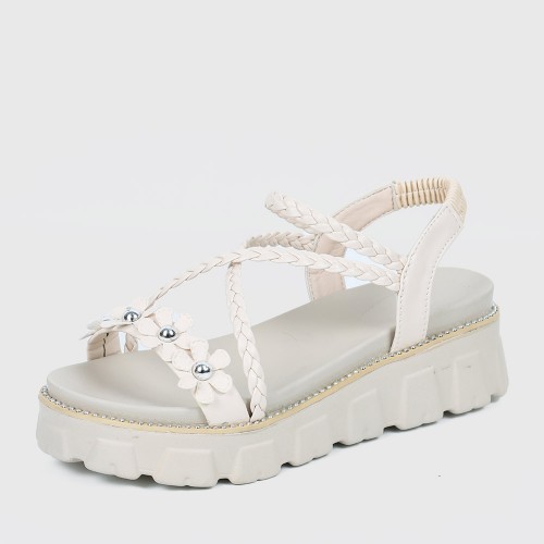 Elastic Closing Flower Designed Sandals for Women - Beige |image