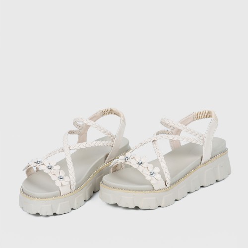 Elastic Closing Flower Designed Sandals for Women - Beige |image