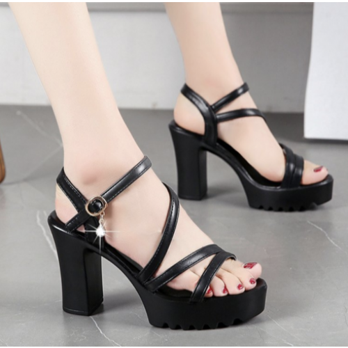 Fish Mouth Rhinestone Platform High Heel Sandals - Black |image