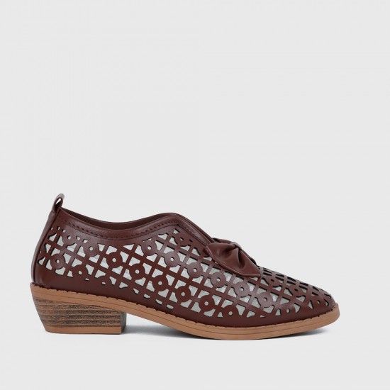 Bow Accent Geometric Cut Out Loafers for Women - Brown |image