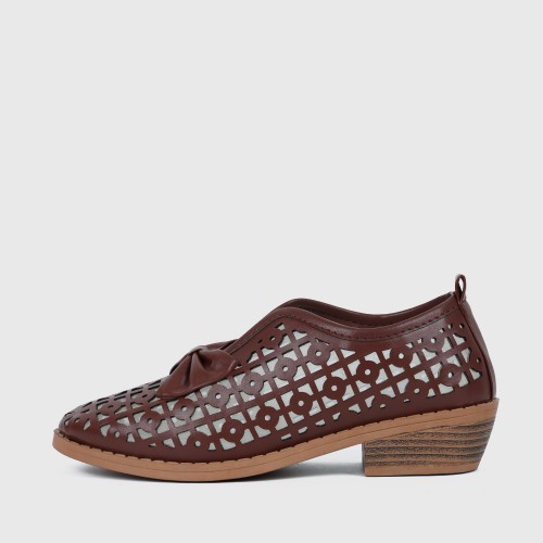 Bow Accent Geometric Cut Out Loafers for Women - Brown |image