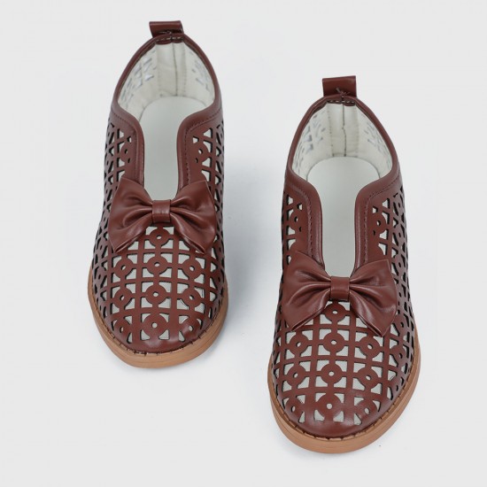 Bow Accent Geometric Cut Out Loafers for Women - Brown |image