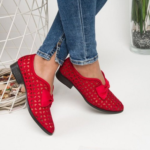 Bow Accent Geometric Cut Out Loafers for Women - Red |image