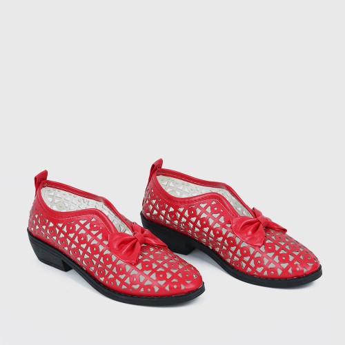 Bow Accent Geometric Cut Out Loafers for Women - Red |image