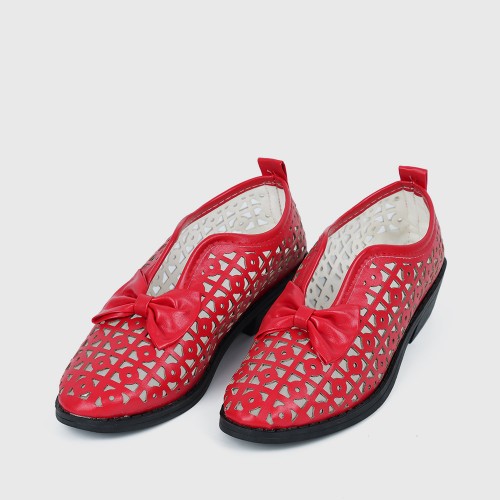 Bow Accent Geometric Cut Out Loafers for Women - Red |image