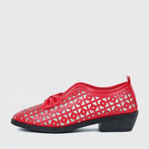 Bow Accent Geometric Cut Out Loafers for Women - Red |image