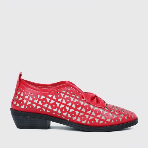 Bow Accent Geometric Cut Out Loafers for Women - Red |image