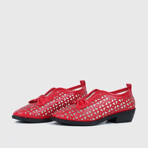 Bow Accent Geometric Cut Out Loafers for Women - Red |image