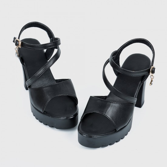 Women’s High Heeled Buckle Closure Sandals - Black |image