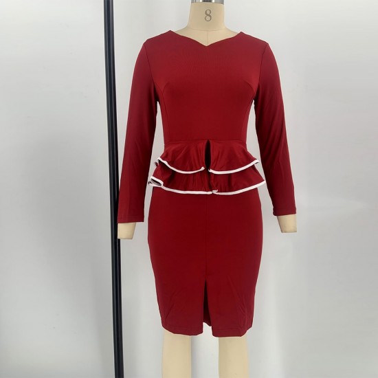 Formal Split Neck Long Sleeved Peplum Midi Dress - Red |image